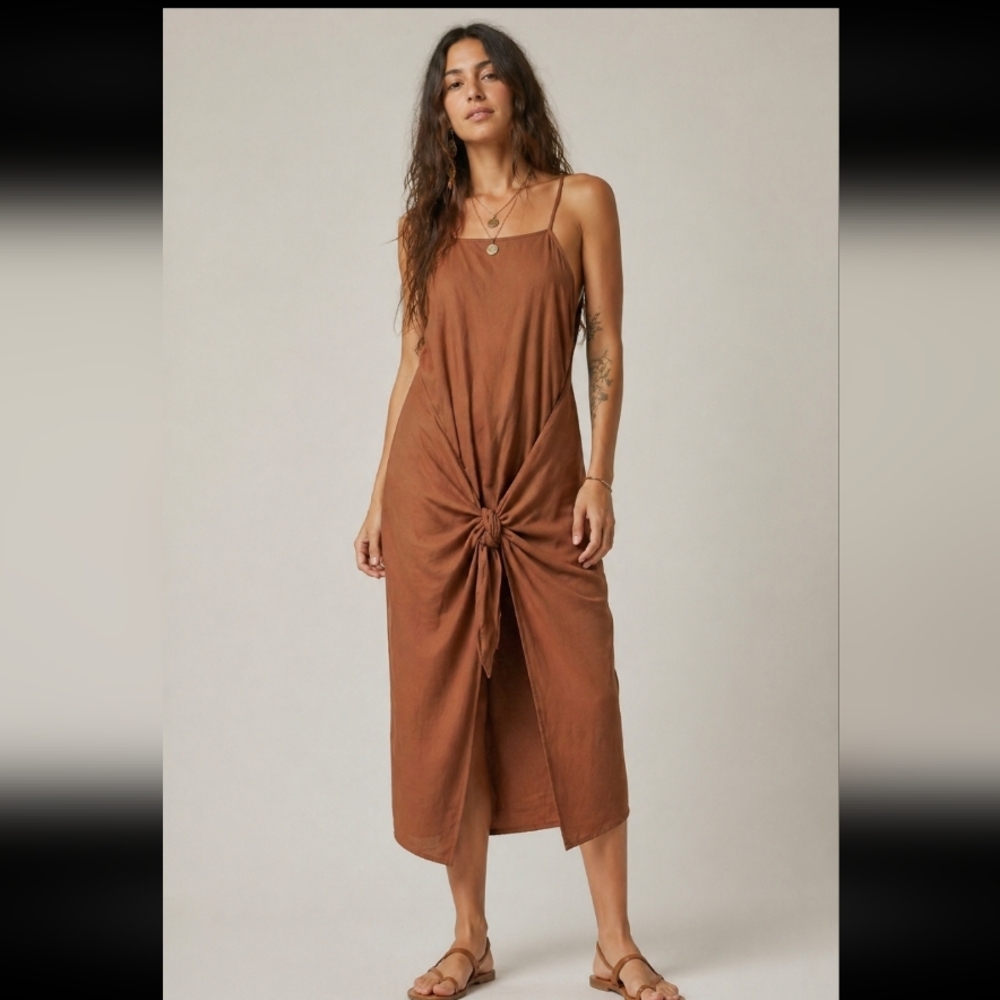 AAKAA Linen Blend Brown Wrap Skirt Open Back Tassle String Tie Shoulders Boho S